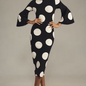 Anthropologie Black and White Polka Dot Midi Dress with Bell Sleeves